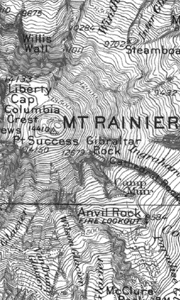 black and white section of a topographic map at 1:250,000-scale showing a section of Mt. 